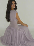 MQTIME  -  Mesh Pleated Dress Elastic Waist Cinching Round Neck Short Sleeved Diagonal Waistline Slimming Gauze Long Dresses Purple Robes
