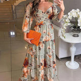 MQTIME  -  Autumn Women Floral Printed Pleated Long Party Dress 2024 Spring Long Sleeve Hollow Maxi Dress Sexy V Neck High Waist Dress