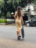 MQTIME  -  Women Striped 2 Piece Matching Set Beige Short Sleeve Deep V Crop Flare Pants Sexy Retro Outfit Summer Beach Street Chic Wear