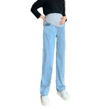 Mqtime Winter Fashion Denim Maternity Straight Long Jeans Wide Leg Loose belly Pants Clothes for Pregnant Women Pregnancy Casual