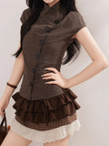  MQTIME  -  Vintage Preppy Stand Neck Short Sleeve Single Breasted Plaid Y2k Women Shirt