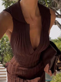  MQTIME  -  Fashion Knitted Pleated Long Dress For Women Elegant Sleeveless Polo Neck A-line Evening Party Dress Summer Holiday Lady Robes