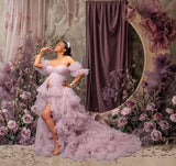  MQTIME  -  Purple Maternity Dress for Women Illusion Ruffles Prom Party Gowns Tiered Babyshower Outfit Robe Photography Props