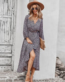 MQTIME  -  Printing Maxi Dress V Neck Bandage Boho Holiday Dress Long-sleeved Belt Lace-up Vestidos Ruffled Beach Dresses