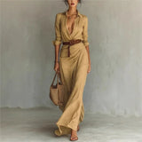 MQTIME  -  Women's Fashion Solid Holiday Party Dress Elegant Lapel Button Draped Long Dress Casual Long Sleeve Match With Belt Shirt Dress