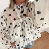 MQTIME  -  Elegant Classic Lace-Up Tops Female Clothing Fashion Loose Polka Dot Print Women's Blouse Casual Lapel Puff Sleeve Office Shirts