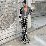 MQTIME  -  Women Fashion V Neck Dress High Waist Long Sleeve Wavy Striped  Sexy Slim Bodycon Dresses Commuting Casual Banquet gowns