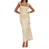 MQTIME  -  Elegant Sleeveless Maxi Dress with Flattering Ruched Detail and Chic V-Neckline for Women s Evening Party Wear