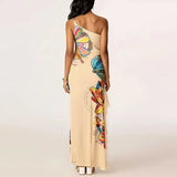 MQTIME  -  Women One‑Shoulder Maxi Dress Abstract Art Print Sleeveless Asymmetrical Ruffle Split Hem Dress Elegant Cocktail Bodycon Dresses