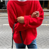 Mqtime Fashion Red Round Collar Knitted Sweater For Women Autumn Loose Knitted Pullover Female High Street Long Sleeve Lady Chic Jumper