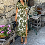 MQTIME  -  Geometric Pattern Printed Women's Dresses Bohemian Short Sleeved Loose Summer Dress Casual V-neck High Waist Split Beach Dress