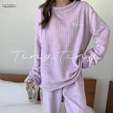 MQTIME  -   New Fall Winter Women Loungewear Fleece Stripe Pajama Set Girl Lady Round Neck Solid Color Homewear Soft Home Clothes Woman Teen