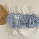 MQTIME  -  New Summer Toddlers Kids Plaid Sets Lace Puff Sleeve Tops Layered Shorts 2pcs Baby Girls Cute Outfits
