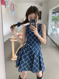 MQTIME  -  Vintage Blue Plaid Sleeveless Dress Low Wasit Mini Pleated Dresses for Women Summer Korean Fashion Retro Slim Clothes