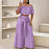 MQTIME  -  Fashion Streetwear Tie Up Commuter Outfit New Summer Solid Loose Two Piece Women's Casual Short Sleeve Top + Wide Leg Pants Suit