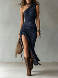 MQTIME  -  Women One Shoulder Bohemian Print Maxi Dress Asymmetrical Ruffle High Slit Bodycon Party Vacation Long Dress