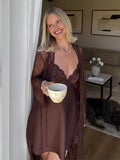 MQTIME  -  sexy Women's two pieces set dress Suits  Lace Trim V-Neck Dresses Belted Maxi Robe Loungewear Chic  Sexy Beach home Outfit