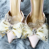 Mqtime Original Bride Vintage Lolita Flower Wedding High Heels Tea Party Flower Pointed Bow Tie Women's Shoes Wedding Shoes