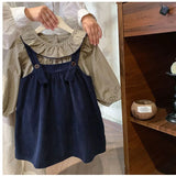 MQTIME  -  Preppy style Girls' Strap Dress Set Girls' Lotus Leaf Collar Plaid Long Sleeve Shirt Dress 2Pcs Set Spring Children's Clothes