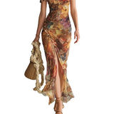 MQTIME  -  Boho Floral Maxi Dress Woman Sexy Square Collar Ruched Split Bodycon Long Dress New Summer Puff Sleeve Ruffle Party Dress