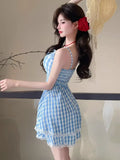 MQTIME  -  Plaid Dresses Women Bandage Sleeveless Slim Lace Patchwork Summer Fashion Sweet Elegant Party Mini Dress Female Casual