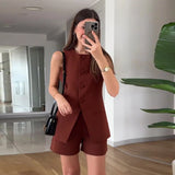 MQTIME  -  High Street Open Slit Slim Vest Tops Ladies Office Outfit Temperament Button O-Neck Blouse&Trousers Two Piece Commuter Suit