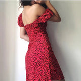 MQTIME  -  Red Printed Dress For Women With Retro Bubble Sleeves, Sexy High Waisted Short Sleeved Lace Up Corset Dress