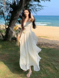 Mqtime Elegant Irregular Ruffles Long Dress Women Summer Beige Solid Spaghetti Strap Beach Vocation Korean Chic Female Vestidos New