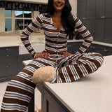  MQTIME  -  Fashion Striped Knitted Two-Piece Set For Women Round Neck Cardigan Top High Waist Straight-Leg Pants Casual Set 2026