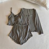MQTIME  -  Women's Modal Cotton Spwear Set Spring Autumn Summer Four-Piece Strap Long Pants Chest Pad Home Clothes Outdoor Wear
