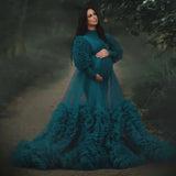 MQTIME  -  Lake Green Maternity Dresses for Photo Shoot Robe Puffy Mesh Tulle Kimono Pregnant Full Sleeves Custom Made Prom Dress With Belt