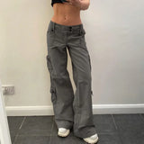 MQTIME  -  Cargo Jeans Women Street Retro Straight Casual Trousers Irregular Multi-pocket Wide Belt Design Jeans