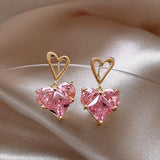 Mqtime Korean Fashion Jewelry Shining Rhinestone Hollow Heart Drop Earrings for Women Girls Vintage Red Crystal Earrings