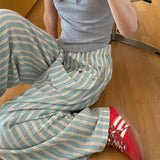 MQTIME  -  New Korean Fashion Blue Stripe Colorful Shell Buckle Wide Leg Pants for Women Summer High Waist Loose BF Lazy Style Causal Pants