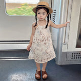 MQTIME  -  Vintage 100% Linen Flower Print Girls Dress With Pockets Summer New Baby Girl Sleeveless Casual Loose Spaghetti Strap Dresses