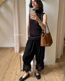 MQTIME  -  Lace Patchwork Elastic Waist Trousers Women Casual High-waisted Lace-up Loose Wide Leg Pants Lady Street Chic Bottom