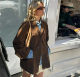 MQTIME  -  Autumn Winter Woomen Suede Jacket With Lapel Woman Casual Single Breasted Pocket Long Sleeve Short Coat Street Overcoat