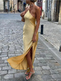 MQTIME  -  Women's Solid Color Satin Dress One-shoulder Asymmetrical Backless Sexy Evening Dresses Side-slit Party Gowns