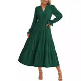 MQTIME  -  Autumn Long Dress Long Sleeve V Neck Layered Ruffle Edge Elegant A Line Cocktail Party Cw12909