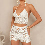 MQTIME  -  New Style Backless Tie Up Top Hollow Out Short Suit Beach Vacation knitted Swimsuit Cover Up Sexy Fashion Beachwear Set
