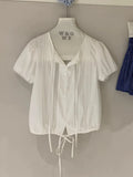  MQTIME  -  French Summer Drawstring Puff Sleeve Single Breasted Loose Lace-up Puff Women Shirt