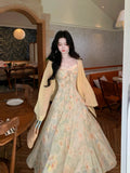 MQTIME  -  Summer Floral Printed Long Dress Women Patchwork Lace Chiffon Fairy Dress Casual Gold Stamping Bow Tie Suspender Dress