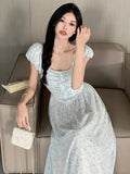 MQTIME  - French Women Short Sleeve Dress Floral Print Elegant Female Party Slim Waist Robe Summer Vintage Square Neck Holiday Clothes