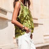 MQTIME  -  Summer Elegant O-neck Hight Street Loose Blouse Women's Casual Solid Color Shirt Fashion Shiny Sequins Sleeveless Pullover Tops