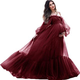 MQTIME  -  Puffy Sleeve Maternity Dress Tulle Robe With Underskirt for Photoshoot Off Shoulder Pregnancy Baby Shower Gown