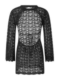  MQTIME  -  Women Knit Hollow Out Dress Long Sleeve Round Neck Backless Short Dress Summer Fall Beach Club Party Wrapped Dreses