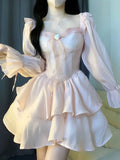 MQTIME  -  Fairy Sweet Bow Long Sleeve Dress Kawaii Grunge Lantern  Dresses Korean Y2k Aesthetic Ball Gown Square Collar Robe Women