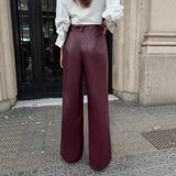 MQTIME  -  Button Red Wine Straight Pants Women High Waist Zipper Fly PU Leather Spring Summer Elegant Solid Color Slim Trousers