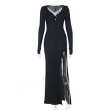 MQTIME  -  Lace Patchwork Ribbed Bodycon Maxi Dress Women Fashion Sexy Buttons V Neck Full Sleeve High Slit Casual Streetwear Long Robe