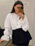 MQTIME  -  Female Glitter Ruffled Shirts Top Inner Patchwork Long Sleeve Casual Commute Clothes Hollow Out Elegant Women's Blouses